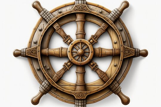 Pirate ship wooden helm illustration, white background. Generative AI