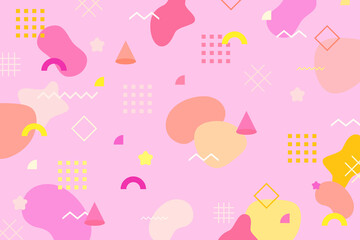 Cute Memphis-style background with colorful shapes scattered on pink background