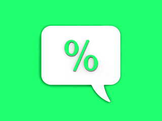 Light green percent sign on white message board. Interest withdrawal signal. Discount notifications. Message on a Light green background. Horizontal image. 3D image. 3D rendering.