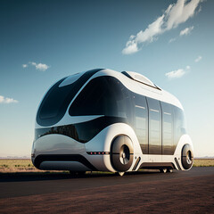 Autonomous passenger transport. Modern autonomous bus in a city. Generative AI.	
