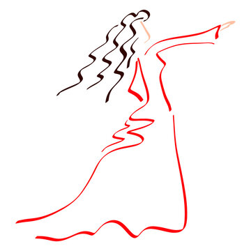 young woman in a long red dress dancing emotional dance or pointing forward, colored outline on a white background