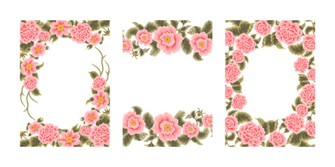 Vintage hand drawn vector flower wreath frame illustration arrangement collection with pink rose floral, peony, and leaf branch elements
