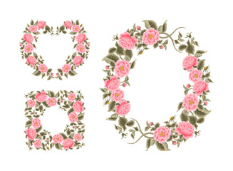 Vintage hand drawn vector flower wreath frame illustration arrangement collection with pink rose floral, peony, and leaf branch elements