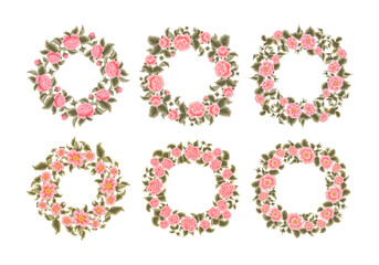 Vintage hand drawn vector flower wreath frame illustration arrangement collection with pink rose floral, peony, and leaf branch elements