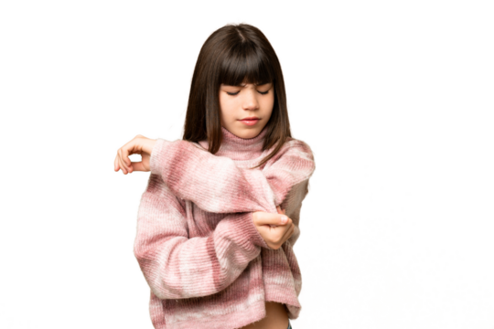 Little girl over isolated green chroma key background with pain in elbow