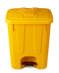Yellow plastic waste bin isolated on white
