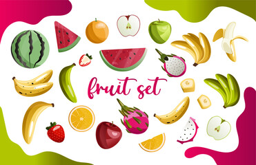 Fruit collection in flat hand drawn style illustrations. Tropical fruit and graphic design elements. Ingredients color cliparts. Sketch style ingredients. Isolated scandinavian cartoon items.