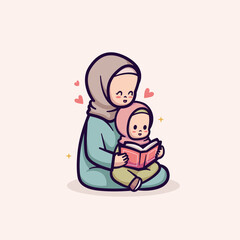 islamic ramadan cute vector illustration design mother and daughter reading quran koran alquran