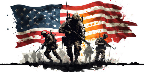 American Flag concept art with Marines interwoven into the fabric, white background. AI Generated.