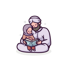 islamic ramadan vector illustration design of father and little daughter reading koran al quran
