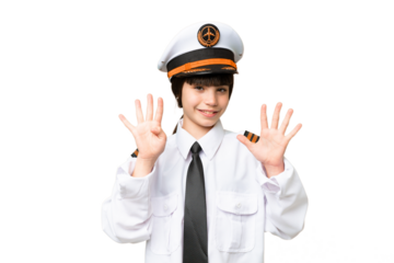 Little girl as a Airplane pilot over isolated chroma key background counting nine with fingers