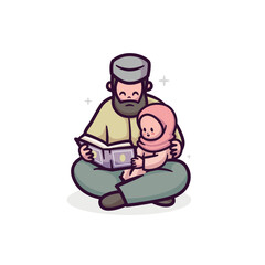 islamic ramadan vector illustration design of father and little daughter reading koran al quran