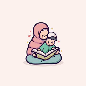 islamic ramadan cute vector illustration design mother and little boy reading quran