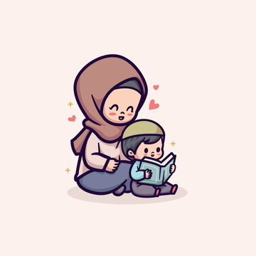 islamic ramadan cute vector illustration design mother and little boy reading quran