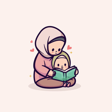 islamic ramadan cute vector illustration design mother and daughter reading quran koran alquran