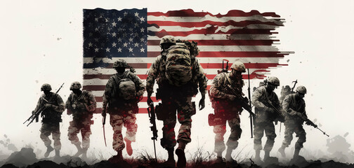 Concept art of the American flag with Marines interwoven into the fabric, set against a white background. AI Generated.