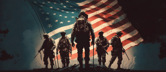 Fototapeta premium A conservative image of God, American soldiers, and America, representing liberty, freedom, and the American flag with its stars. AI Generated.