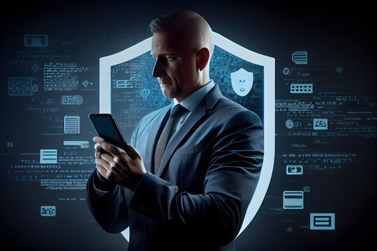 Cyber security network. Data protection concept. Businessman using tablet computer with digital padlock on internet technology networking with cloud computing and data management, Ai generative