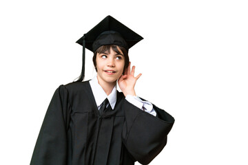 Little university girl over isolated background listening to something by putting hand on the ear