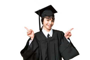 Little university girl over isolated background pointing finger to the laterals and happy