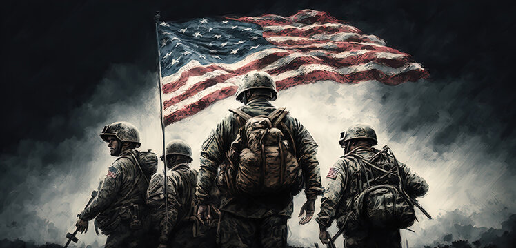A conservative image of God, American soldiers, and America, representing liberty, freedom, and the American flag with its stars. AI Generated.