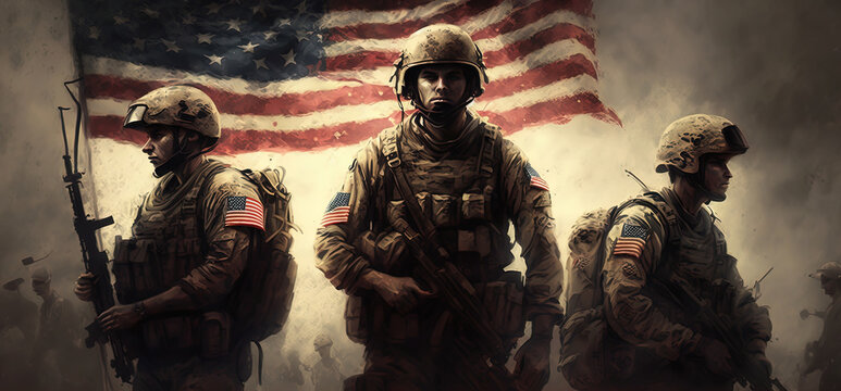 A conservative image of God, American soldiers, and America, representing liberty, freedom, and the American flag with its stars. AI Generated.
