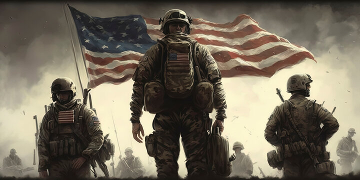 A conservative image of God, American soldiers, and America, representing liberty, freedom, and the American flag with its stars. AI Generated.