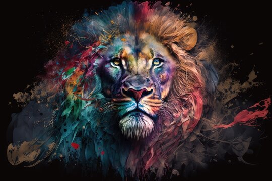 Animal Paint series. A colorfully painted lion's head on the subject of creativity, imagination, and abstract art. Generative AI