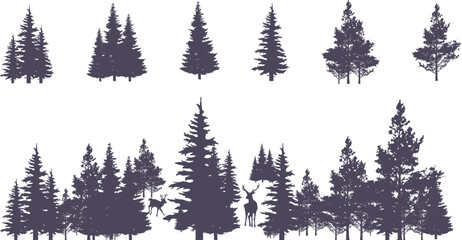 Vintage trees and forest silhouettes set in monochrome style isolated vector illustration
