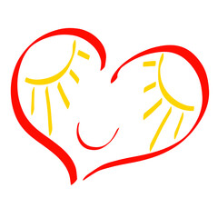 cute smiling red heart with closed eyes like the sun, colorful outline on white background