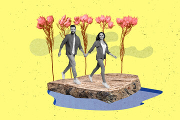 Collage image of two mini black white gamma partners hold arms run huge rock growing fresh flowers...