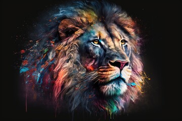 Animal Paint series. A colorfully painted lion's head on the subject of creativity, imagination, and abstract art. Generative AI