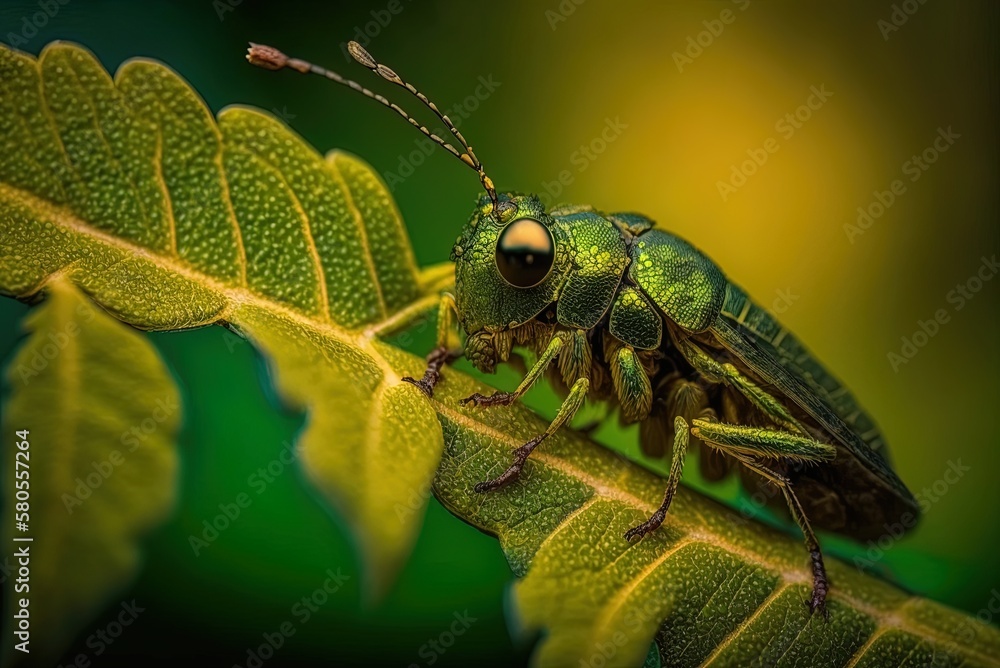 Poster Close-up image of a green branch with a little bug perched on it Generative AI