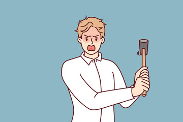 Crazy man threatens to hit with hammer and screams suffering from mental disorder causing aggression and nervousness. Manager with hammer symbolizing strictness and aggression towards employees