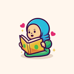 cute illustration design of a small child, a Muslim woman, Ramadan reading the Koran