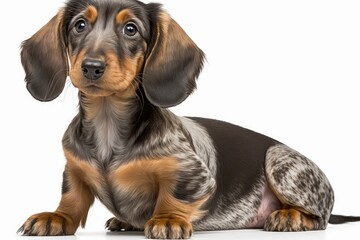 Dachshund, a type of sausage dog, 1 year old, sitting in front of a white background. Generative AI