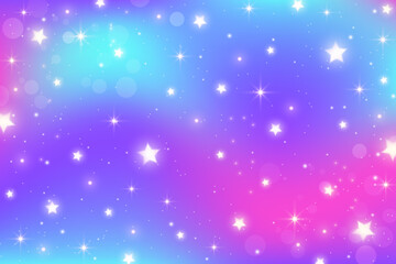 Rainbow unicorn background. Girlie princess sky with stars and sparkles. Gradient holographic fantasy backdrop. Vector abstract iridescent texture.