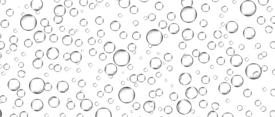 Fototapeta na wymiar Water bubbles set isolated on white background. Air water bubbles for soda effect, transparent backdrop, icon design, champagne bubbles, texture and wallpaper. Water drops pattern, vector illustration