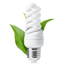 energy saving light bulb (LED Light) and green leaves on isolated white background, ecological...