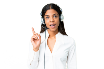 Telemarketer African American woman working with a headset over isolated chroma key background thinking an idea pointing the finger up