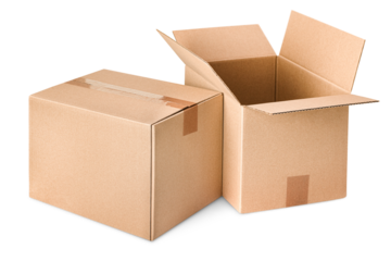 one open and one closed cardboard box on isolated white background, front view