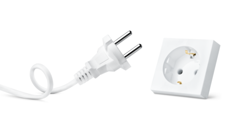 electric plug and socket on isolated white background, front view