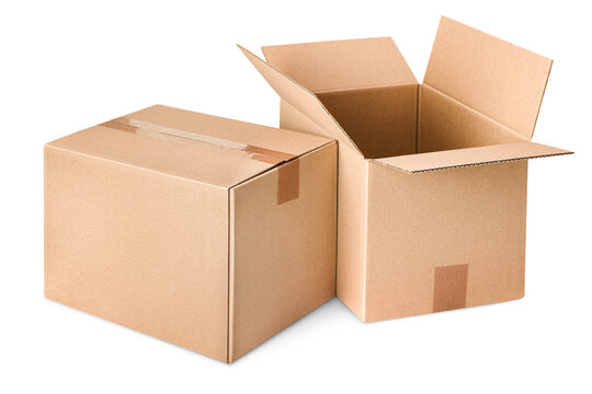 one open and one closed cardboard box on isolated white background, front view