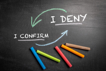 I CONFIRM and I DENY Concept. Dark chalkboard background