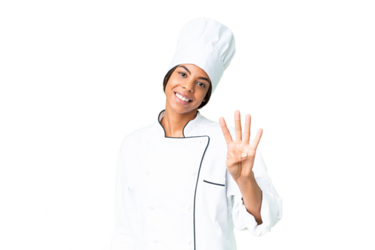 Young African American chef over isolated chroma key background happy and counting four with fingers