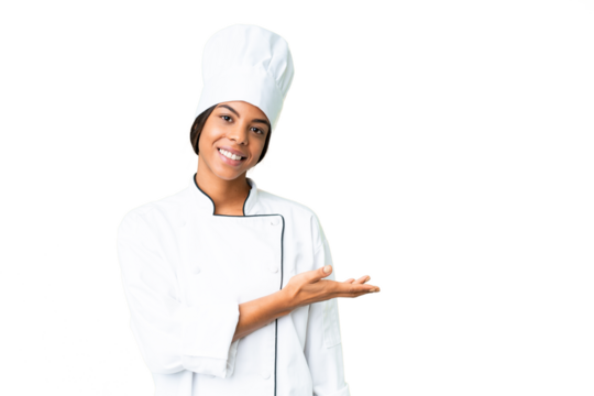 Young African American chef over isolated chroma key background presenting an idea while looking smiling towards