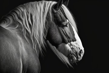Close the black and white ears of the horse. Generative AI