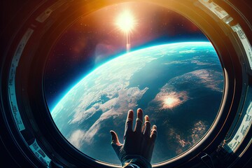 A hand of an astronaut at the space porthole. Creative illustration generated by Ai