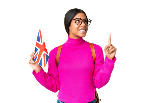 Young African American woman holding an United Kingdom flag over isolated chroma key background pointing up a great idea