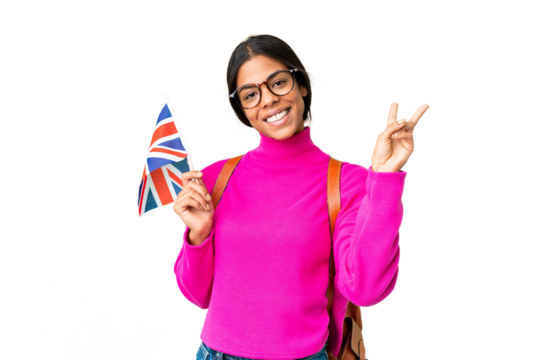 Young African American woman holding an United Kingdom flag over isolated chroma key background smiling and showing victory sign